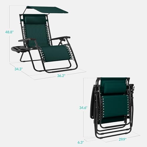 Best Choice Products 30” Wide Folding Zero Gravity Outdoor Recliner Patio Lounge Chair w/Adjustable Canopy Shade, Headrest, Side Accessory Tray - Forest Green - color: Forest Green, size: Oversized Extra Wide