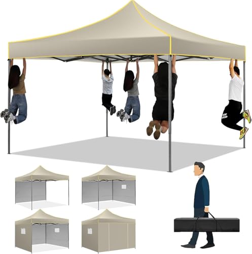 COBIZI 10x10 Heavy Duty Pop up Canopy with 4 Removable Sidewalls, Canopy Tent with Portable Bag, Pop up Tent Commercial Gazebo Waterproof Sunshade for All Weather Party Camp Stall Patio,Khaki - color: Khaki, size: 10x10ft