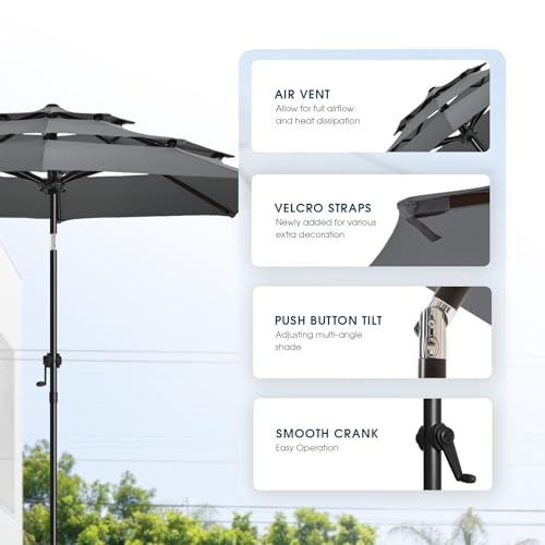 wikiwiki 10ft 3-Tier Patio Umbrella Outdoor Table Market Umbrella for Patio with Push Button Tilt/Crank, Fade Resistant Waterproof POLYESTER Canopy for Garden, Lawn, Deck, Backyard & Pool, Dark Gray - color: Dark Gray, size: 10 FT