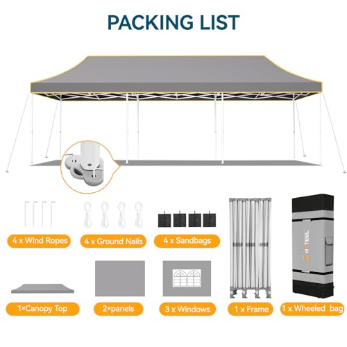 Hoteel 10x30 Pop Up Canopy Tent Heavy Duty with 5 Sidewalls, Waterproof Party Tent, Easy Set-up Commercial Instant Tents with Roller Bag & Sandbags, Hexagonal Leg (1-Year Warranty) - color: Gray, size: 10×30 （5 Walls）
