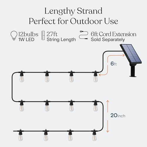 Brightech Ambience Pro Solar Powered Outdoor String Lights - Commercial Grade Patio Lights with 27 Ft Edison Bulbs - Shatterproof LED Solar String Lights - 1W LED, Warm White Light - style: Bright (1W) Manual Control 27 FT