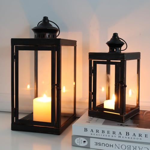 Large Lantern Decorative Outdoor & Indoor, Set of 2 (14’’&10’’) Metal Candle Lanterns Decor, Vintage Hanging Candle Holder for Front Porch Patio Wedding Farmhouse Home, Spring Decoration - color: Black / 14.6''h+9.8''h