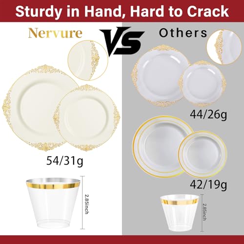 Nervure 350PCS Ivory Plastic Plates - Ivory Gold Plastic Dinnerware Sets for 50 Guests - 100 Gold Disposable Plates, 50 Pre Rolled Silverware Sets, 50 Cups Perfect for Wedding & Party & Mothers Day - color: Ivory and Gold