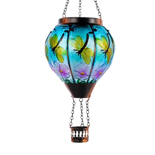 Dragonfly Solar Hot Air Balloon Lantern with Flame, Glass Hot Air Balloon Solar Lantern Outdoor Waterproof, Decorative Hanging Hot Air Balloon Solar Light for Outside Garden Patio Yard - color: Pink