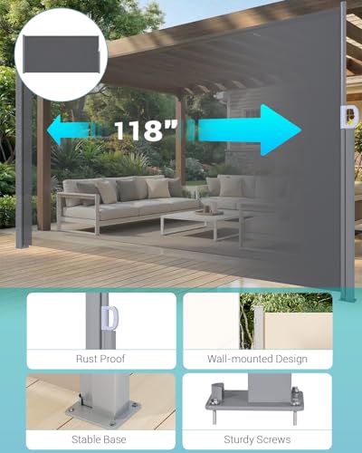 U-MAX Retractable Side Awning, 118"x 71" Side Awning, Waterproof Folding Outdoor Privacy Screen, 180g Premium Polyester Fabric Room Divider for Patio, Garden and Terrace, Dark Grey - color: Dark Grey, size: 118"x 71"