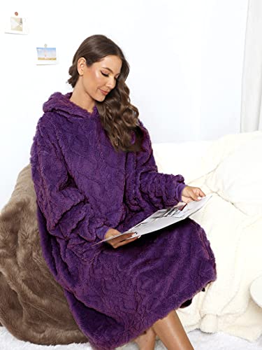Oversized Sherpa Wearable Blanket Hoodie for Women Men,Long Comfortable Sherpa Blanket Sweatshirt Shaggy Pullover Plush Warm Cozy Blanket One Size Fits All Purple - color: Jacquard Purple