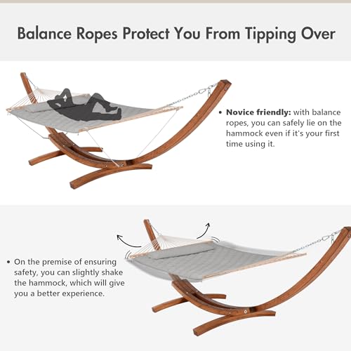 ANOW 13.5FT Curved Wood Stand with Double Hammock, Heavy Duty Larch Wood Arc Stand with 2 Chains, 4 Balance Ropes and 4 Carabiners, Includes Light Gray Hammock with Spreader Bars - color: Light Gray-quilted