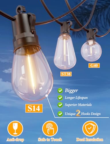 Brightever 120FT Outdoor String Lights Waterproof, LED Patio Lights with 34 S14 Shatterproof Bulbs(2 Spare), 2700K Outside Connectable Hanging Decorative Lights for Cafe, Bistro, Party, Birthday - size: 120ft