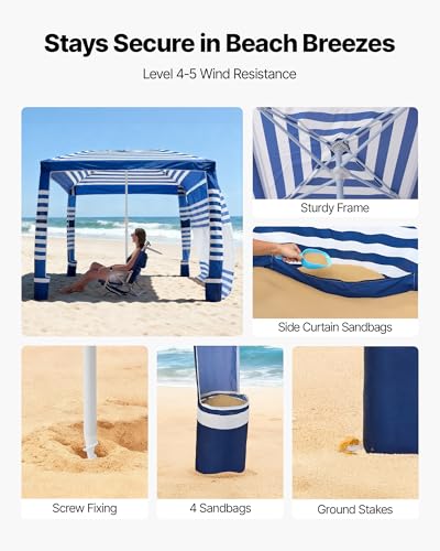 VEVOR Beach Cabana, 8 x 8 ft Beach Canopy with Side Wall, UPF 50+ Protection Easy Setup Cabana Tent with Sand Pockets, Adjustable Height Portable Shade Sun Shelter Umbrella for Family, Navy Stripes - color: Navy Stripes, size: 8*8