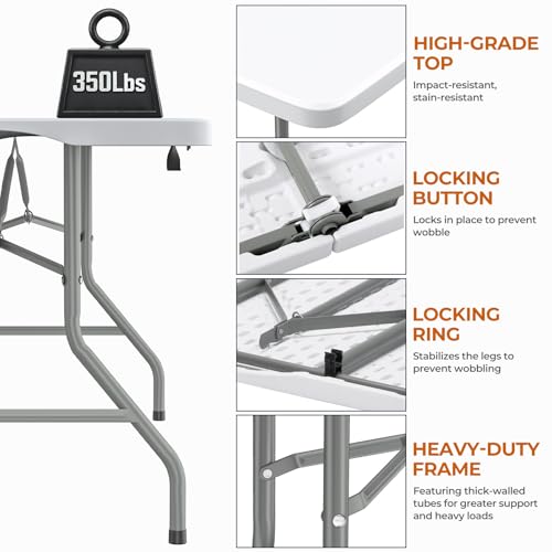 Folding Table 6FT Heavy Duty Portable Fold in Half with Handle 350lbs Capacity Thicker HDPE Waterproof Top Steel Frame with Locking Legs for Indoor Outdoor Camping Party Events - color: White, size: 6FT