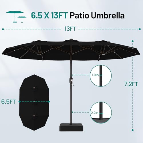 AreShark 13 FT Patio Umbrella with Solar Lights, Double-Sided Outdoor Table Umbrellas with Crank, Large Rectangular Market Umbrella for Porch, Lawn, Pool, Backyard, Black - color: Black, size: 6.5x13 Ft