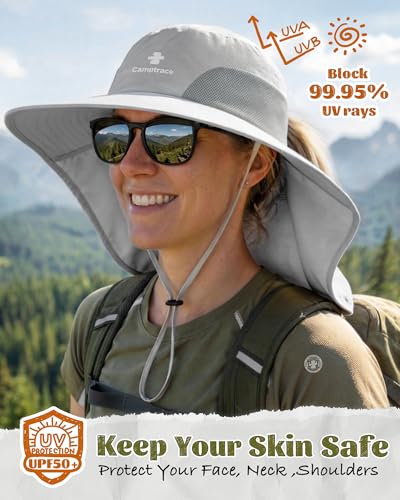 Camptrace Sun Hats for Women Men UPF 50+ UV Protection Wide Brim Hiking Fishing Hat with Neck Flap - color: Light Grey