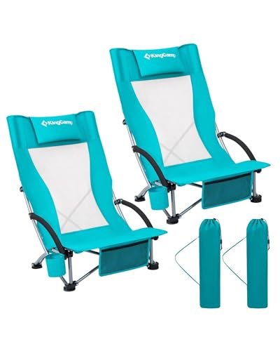 KingCamp Low Beach Chair, High Back Folding Camping Chair for Adults, Oversized Breathable Mesh Seat, 300lbs Heavy Duty Portable Chair with Cup Holder & Storage Pockets for Beach, Outdoor - color: Ergobreeze-cyan-2 Pack