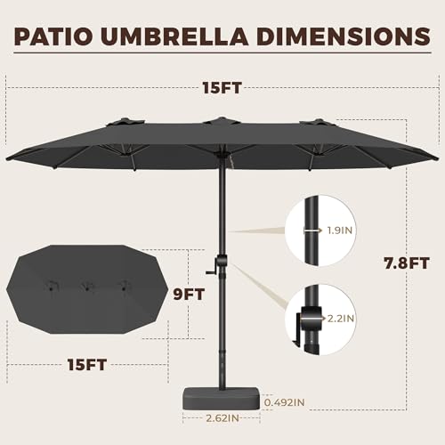 GDPFN 15FT Large Patio Umbrella with Base Included, Outdoor Deck Standing Umbrella with Crank Handle, Double-Side Rectangular Pool Umbrella for Outside, Market, Patio, Dark Gray - color: Dark Gray, size: With Base-no Led