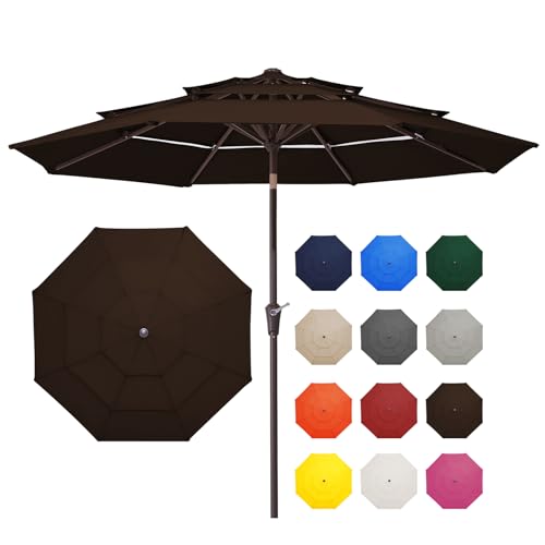 JEAREY 9FT 3 Tier Patio Umbrella Outdoor Market Umbrella Table Umbrellas with 8 Ribs 1.5 Pole Push Button Tilt and Crank UV Protection for Garden,Brown - color: Brown