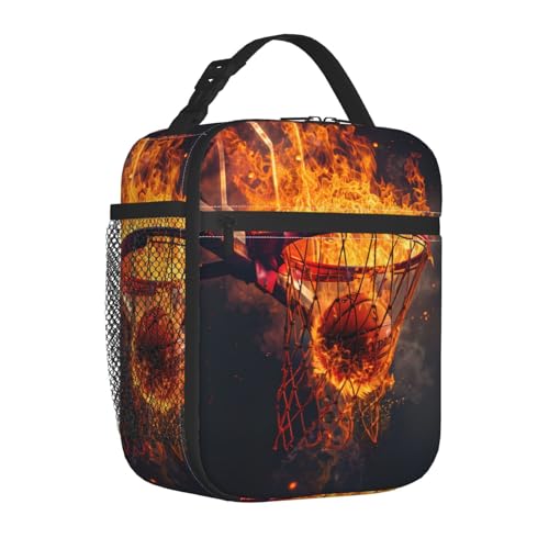 Reusable Basketball Lunch Box for Kids Girls Boys Women Men Adult, Insulated Fiery Sport Lunch Bag,Polyester Cooler Flame Art Handbags Case for School Picnic Work Travel Beach or Hiking - color: Basketball 03