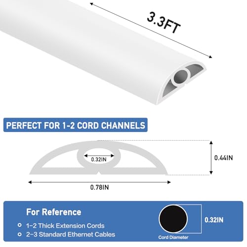Floor Cord Cover Self Adhesive Cord Hider Floor Extension Cord Covers for Floor Power Cord Protector Cable Management Prevent Cable Trips Cable Cavity 0.32" W x 0.32" H (White, 3.3Ft) - color: White, size: 0.79" x 3.3'