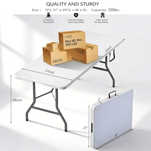 6FT Heavy Duty Folding Table, Portable Plastic Utility Table with Locking Legs & Handle, Indoor Outdoor Commercial Table for Watch Party, Tailgate, BBQ, Camping, Events, Backyard Dining White | Heavy Duty, Portable, Indoor/Outdoor, Plastic Table, for Part