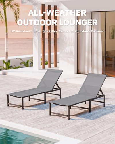 Chaise Lounge Chair Outdoor,Aluminum Patio Lounge Chairs Set of 2,Pool Lounge Chairs with 5 Adjustable Backrest for Outside Beach Lawn and Backyard Gray - color: Grey, size: 2 Chairs