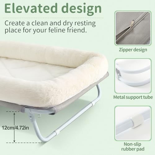 Sunhoo Elevated Cat Bed Foldable Raised Pet Hammock Self-Supporting Puppy Lounger with Off Floor Metal Frame Washable Cover for Small Dog Kitten Indoor Use 25.2x15.75x7.48 in (White) - color: White