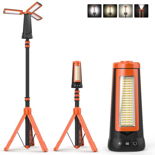 Rechargeable Camping Light with Stand 7ft Max Height, 15000mAh Portable Cordless LED Work Light, 5500 Lumen 6500/4500/3500K Dimmable Emergency Flashlight with Detachable Tripod, Orange - color: Orange
