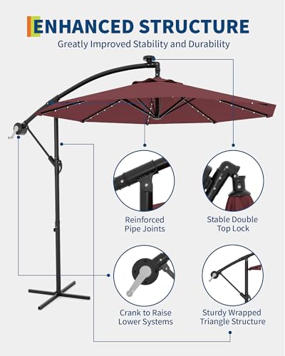 Jojoka 10FT Cantilever Patio Umbrella with Solar LED Lights - Offset Outdoor Umbrella - Easy Lift & Tilt - UV Protection - Fade Resistant - Ideal for Deck, Pool, Garden - color: Wine Red