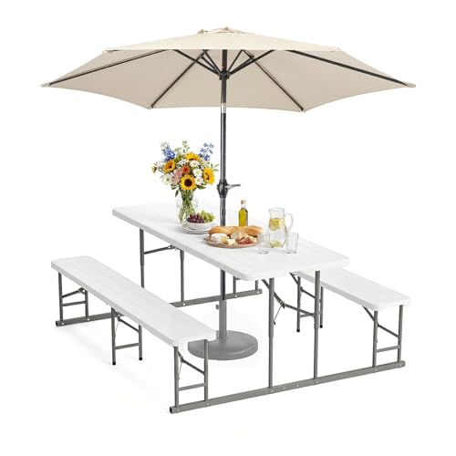 VINGLI Folding Picnic Table and Bench Set with Umbrella, Portable Outdoor Dining Furniture for Camping, Patio, Backyard, Wood Grain Plastic Top with Metal Frame - color: White, style: With Umbrella