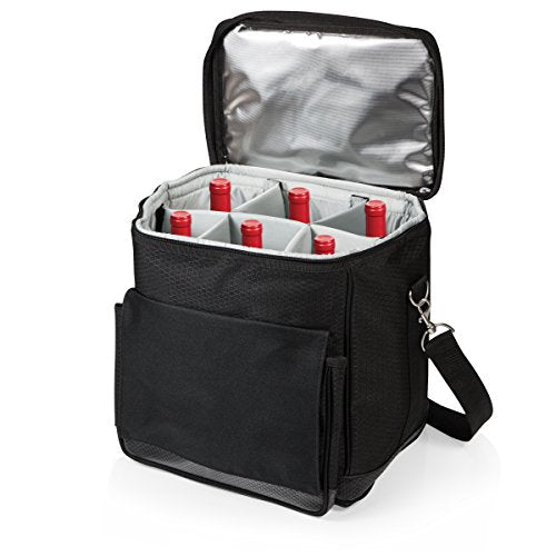 Picnic TIME Cellar 6-Bottle Wine Carrier & Cooler Tote, Insulated Padded Wine Cooler Bag for Travel, Portable Water-Resistant Wine Bag, (Black with Gray Accents) - style: Wine Carrier With Trolley
