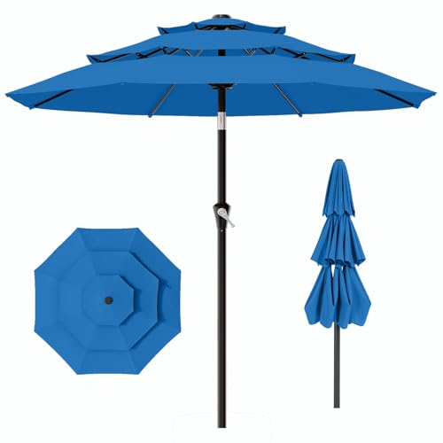 AreShark 9ft 3-Tier Patio Umbrellas, Outdoor Umbrella with 8 Sturdy Ribs UV Protection Windproof, Market Table Umbrella w/Push Button Tilt & Crank for Pool, Porch, Deck, Garden(Royal Blue) - color: Royal Blue