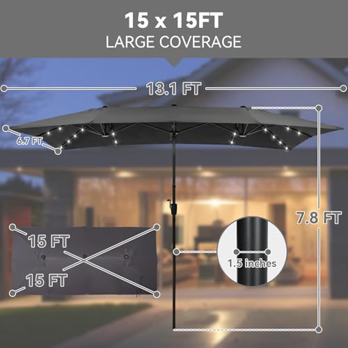 15×15ft Outdoor Patio Umbrella, Double Sided Market Rectangle Umbrella with Crank Handle, Large Sun Shade for Outside Deck, Backyard, Garden - color: Gray with LED lights