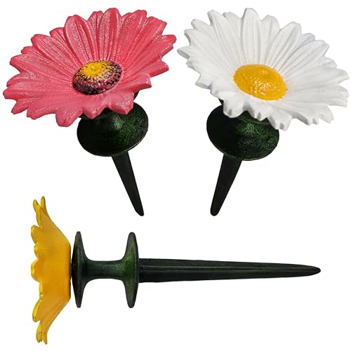 Lulu Decor, 100% Cast Iron Pink, White & Yellow Daisy Hose Guide (Set of 3) with Birds Water Feeder, Garden Hose Guide Spike, Rust Free Guide & Helps with Plant Protection