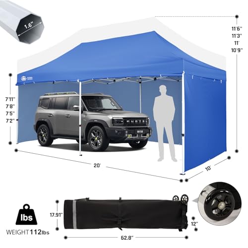 CROWN SHADES 10x20 Pop Up Canopy Tent, Thicken Frame Commercial Heavy Duty Tent, 4 Sidewalls 8 Stakes & 4 Sandbags & 4 Ropes, Outdoor Canopies for Events, Parties, Blue - color: Blue, size: 10x20 Heavy Duty