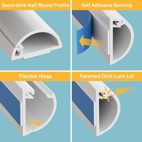 D-Line Half Round Cord Hider, Patented Cable Cover, Hide TV Wall Mount Wires, Raceway for Cords, Decorative Wire Covers, Paintable, Adhesive Cable Concealer, 2X 0.78in W x 0.39in H x 39in L, White - color: White, size: 0.78x0.39in - 2x 39in