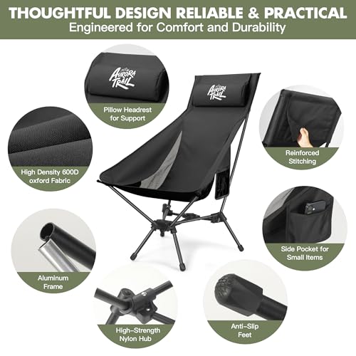 AuroraTrail High Back Folding Camping Chair with Pillow – Lightweight Portable Outdoor Chair with Cup Holder & Carry Bag, Sturdy Aluminum Frame Supports up to 374 lb for Camping, Hiking & Festivals - color: Black Out
