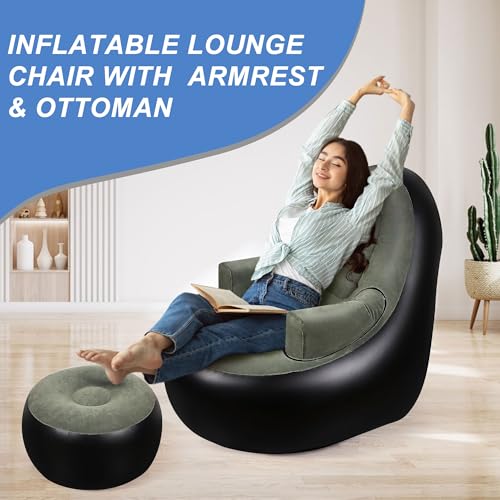 Thickened Inflatable Couch with Armrest＆Ottoman, Blow Up Lounger Chair,Folding Air Chair for Adults,Inflatable Lazy Sofa Perfect for Rooms, Camping or Home(Without Pump,Black) - color: Black