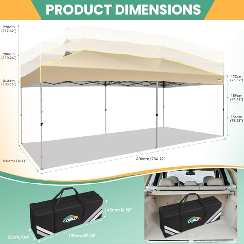 COBIZI 10x20 Pop Up Canopy Tent, Outdoor Party Tent Without Sidewall One Push Setup Glow, 3 Adjustable Height Air Vent Waterproof UPF50+, Bag, 4 Sandbag, 6 Stake, 12 Rope for Beach, Commercial - color: Khaki, size: 10x20