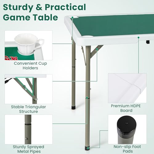 Goplus Mahjong Table, 35" Square Folding Card Table w/4Cup Holders, Anti Slip Mat, HDPE Tabletop, Metal Legs, Portable Mahjong Game Table for Domino Game, Picnic (Table w/Removable Mat, Pure Green) - style: Pure Green, Table w/Removable Mat