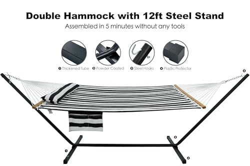 GAFETE 2 Person Hammock with Stand for Outside, Heavy Duty Steel Stand, Double 55inch Hammocks, Large Removable Pillow, Storage Bags, Max 475 lbs Capacity (Stripe Black-White) - color: Stripe Black-white