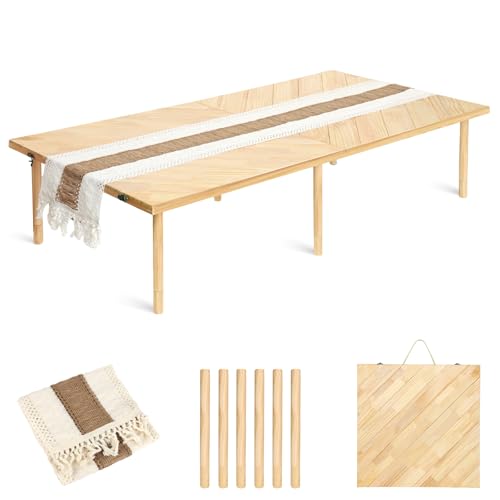 Folding Picnic Table 60x30in, Solid Wood Portable Low Floor Table, Mortise & Tenon Joints, Adjustable Height, Boho Table for Beach Camping Garden Party, Runner Included, Seats 4-6