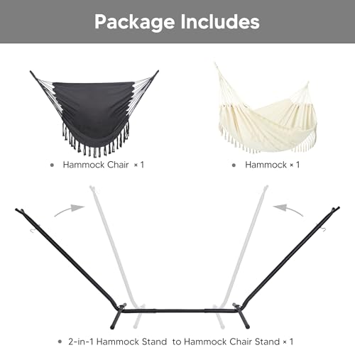 SUNCREAT 2-in-1 Convertible Portable Double Hammock with Stand Included, Outdoor Hammock and Stand, Patented, Natural Tassel - color: A-natural Tassel