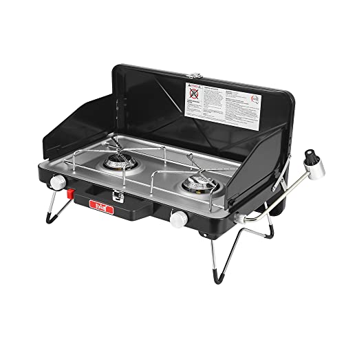 Feasto 2 Burner Propane Camping Stove with Folding Legs, Outdoor Portable Camp Stove with Push-Button Ignition & Wind Guards for Camping, Tailgating, BBQ, & More, Black - color: Black