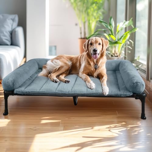 Veehoo Orthopedic Elevated Dog Bed with Fluffy Plush Bolster Cushion, Indoor Raised Dog Beds for Large Dogs, Soft Pet Sofa Cot with Removable Washable Mat, No-Slip Feet, 49 x 33 inches, Haze Blue - color: Haze Blue, size: 49.0"L x 33.0"W x 9.0"Th