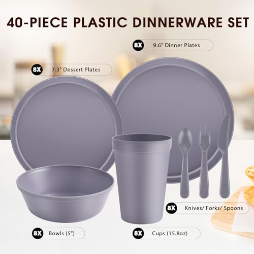 40 Piece Plastic Dinnerware Set for 8 with Cutlery, Unbreakable Plates and Bowls Set, Dishwasher & Microwave Safe Reusable Dish Set for Camping, RV, Outdoor Kitchen, Apartment Dining, Gray - color: Gray