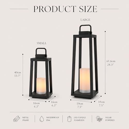 H16 Modern Outdoor Solar Lantern Black Metal Frame with Flickering LED Candle Waterproof and Portable for Patio Deck or Pathway Decorative Sconce with Warm LED - size: H16"
