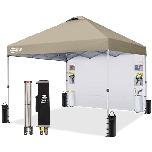 CROWN SHADES Canopy Tent 10x10 Pop Up Canopy Outdoor Shade with Pockets Sidewall, Easy Up Sun Shelter with One Person Set Up Center Lock, Portable Instant Camping Beach Canopy Tents, Beige - color: Beige
