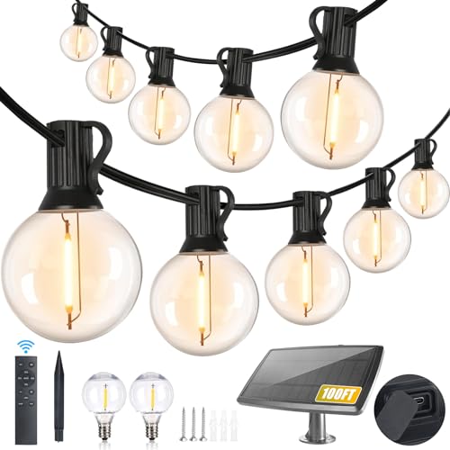 Yusist 100FT Solar String Lights Outdoor Waterproof with Remote, G40 Solar Powered String Lights with 30+2 LED Shatterproof Bulbs, Dimmable Solar Patio Hanging Lights for Outside Backyard Party - size: 100FT