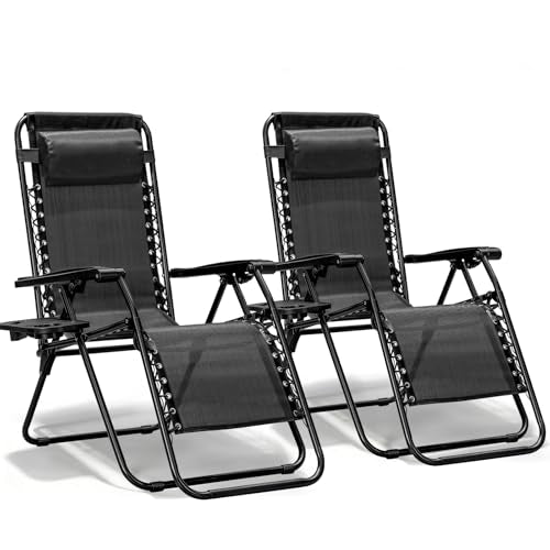 2 Pack Zero Gravity Chair, Adjustable Lounge Chair, Outdoor Recliner, Folding Anti Gravity Lounge Chairs, Lawn Chairs Reclining with Pillow & Cup Holder for Pool Camping Sunbathing Beach Patio (Black) - color: Jet Black, size: 2pcs