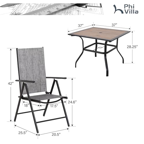 PHI VILLA 5-Piece Patio Dining Set with Umbrella Hole, Patio Table and Chairs Set with Square Wooden-Like Table & Folding Patio Chairs (Grey) - color: Grey, size: 5 Piece Square