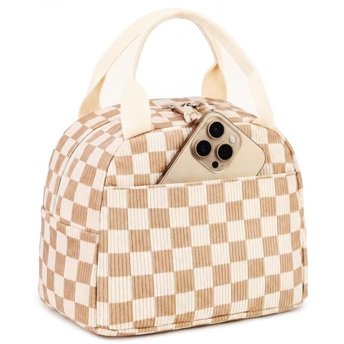 LEDAOU Insulated Lunch Bag women Corduroy Small Lunch Box for Women with Front Pocket Leakproof Cooler Checkered Cute Adult Gilrs Lunch Box for Work School Picnic - color: A-Brown Checkered
