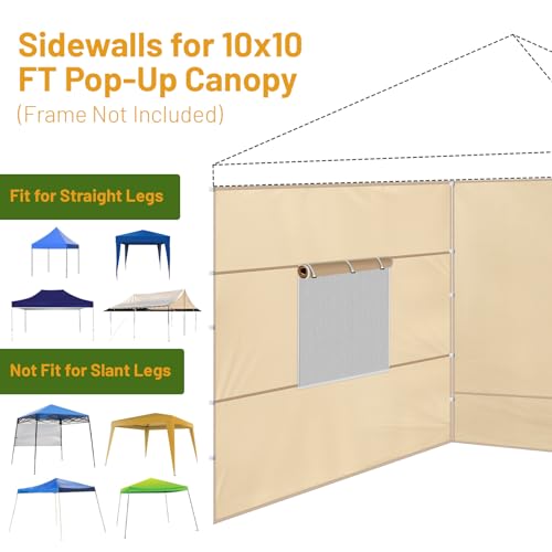 3 Pcs 10x10 Canopy Sidewalls with Roll-up Windows for 10x10 Pop Up Canopy Straight Leg Outdoor Instant Canopy Sidewall Waterproof & UV Protected for Outdoor Event Tents, 3 Sidewalls Only, Beige - color: Beige